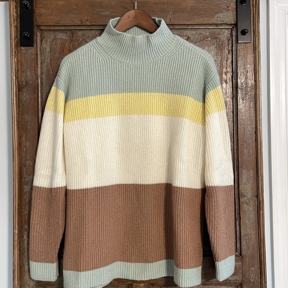 Ann Taylor Cream, Green, Yellow and Brown Color Block Mock Neck Sweater Size S - Picture 1 of 9